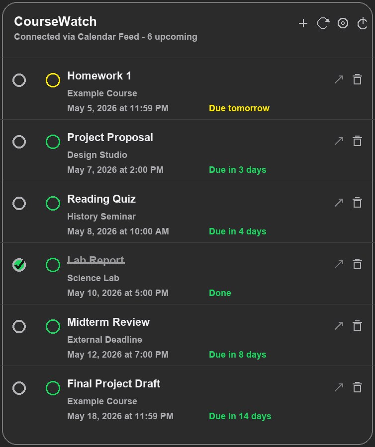 CourseWatch menu bar list showing Canvas Calendar deadlines, done checkmarks, due dates, and toolbar buttons.