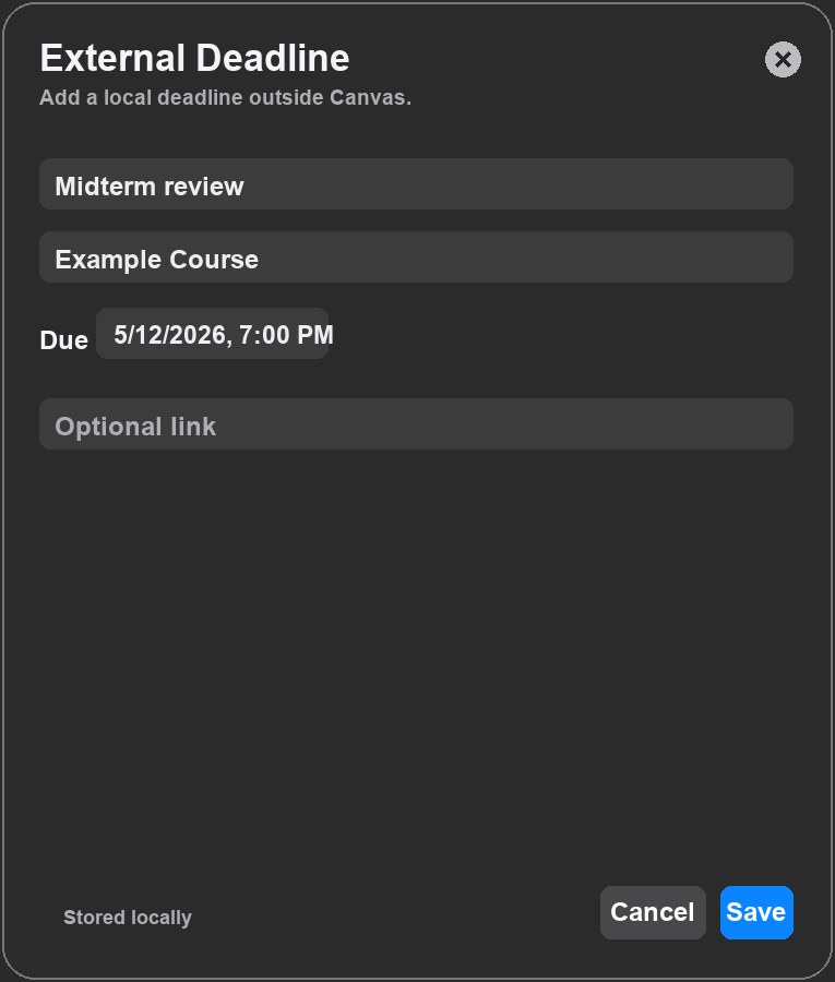 CourseWatch External Deadline editor with title, course, due date, optional link, and stored locally label.