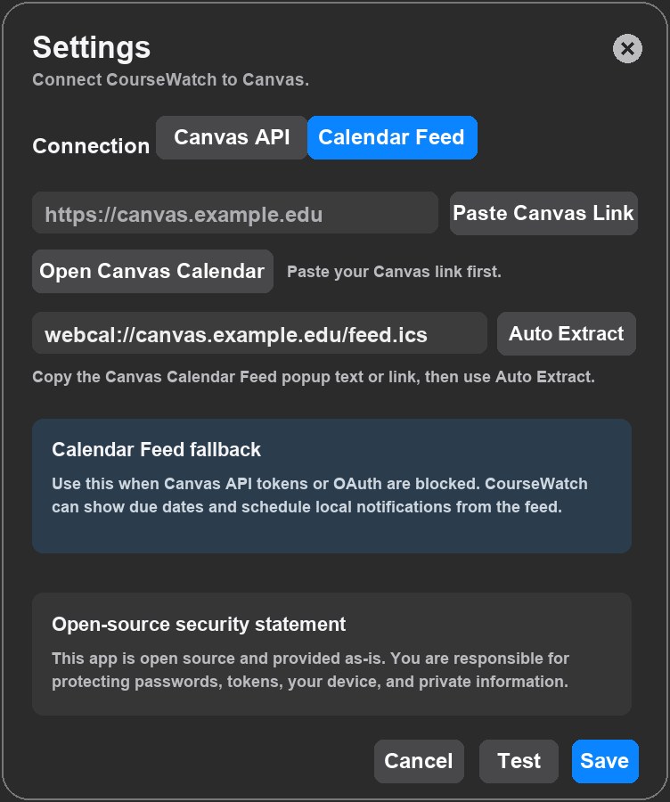CourseWatch Settings in Calendar Feed mode with calendar feed URL, Auto Extract button, and open source security statement.