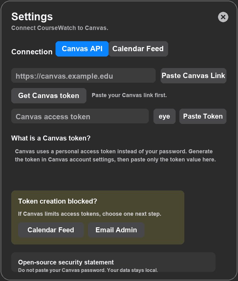 CourseWatch Settings in Canvas API mode with Canvas link, token input, token help, and token blocked fallback.