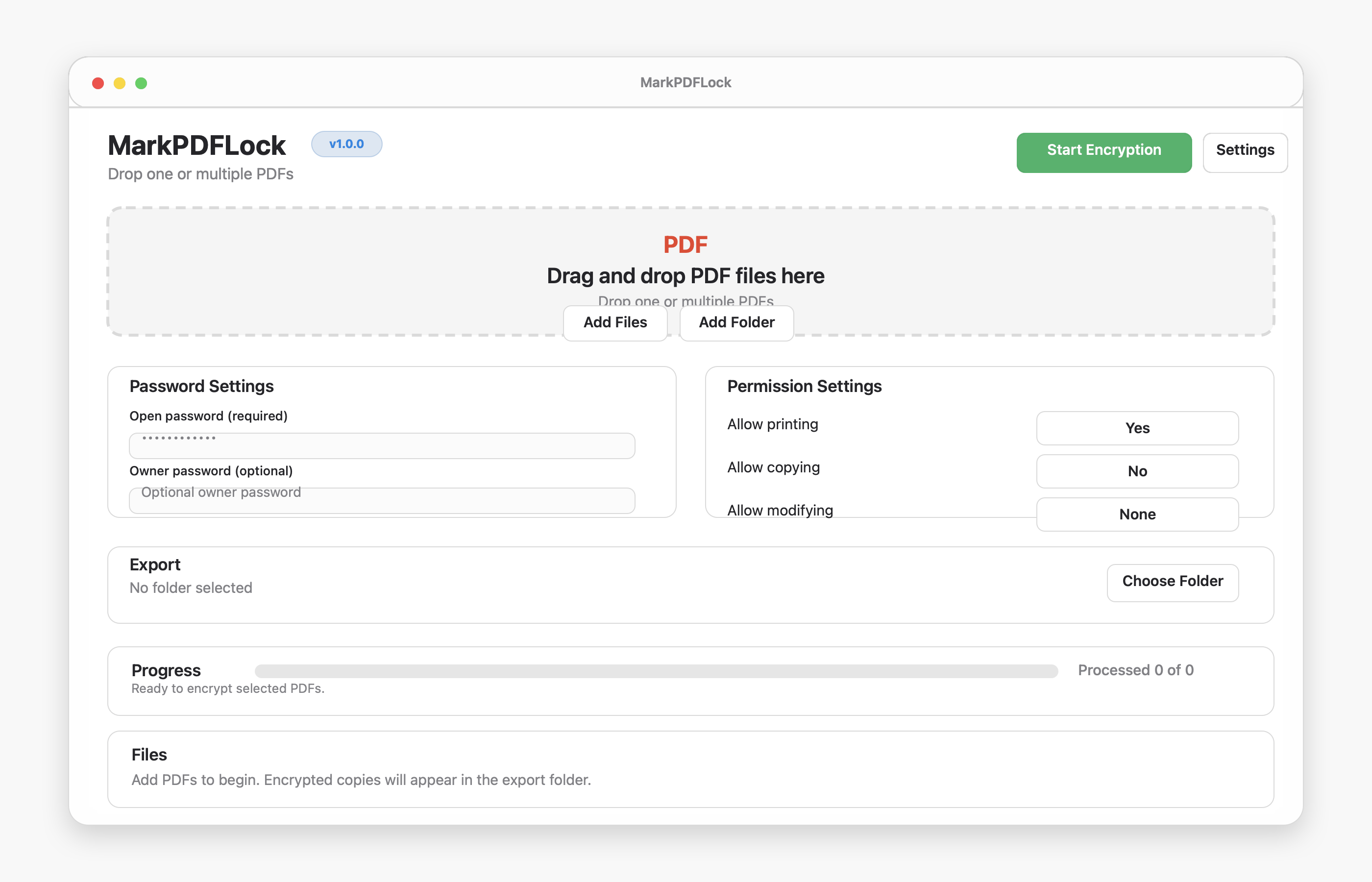 MarkPDFLock main window showing the PDF drop area, password settings, permission settings, export folder, progress section, and file list.
