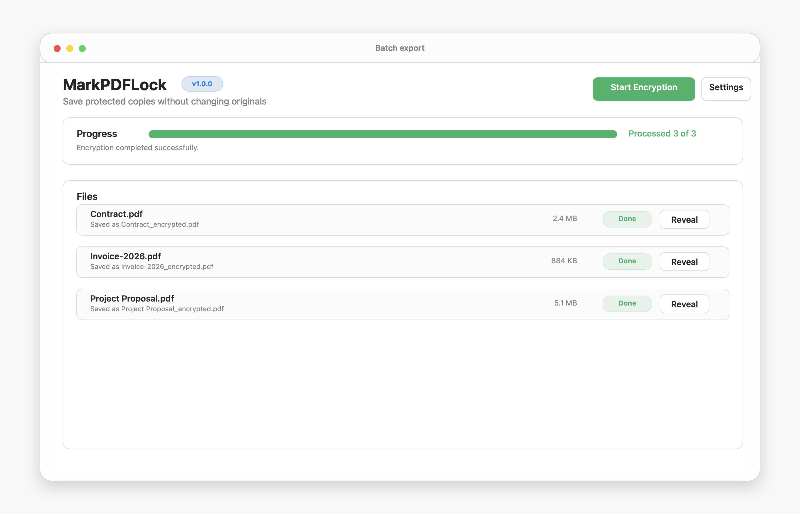 MarkPDFLock batch export result with a completed progress bar above encrypted PDF files marked done.