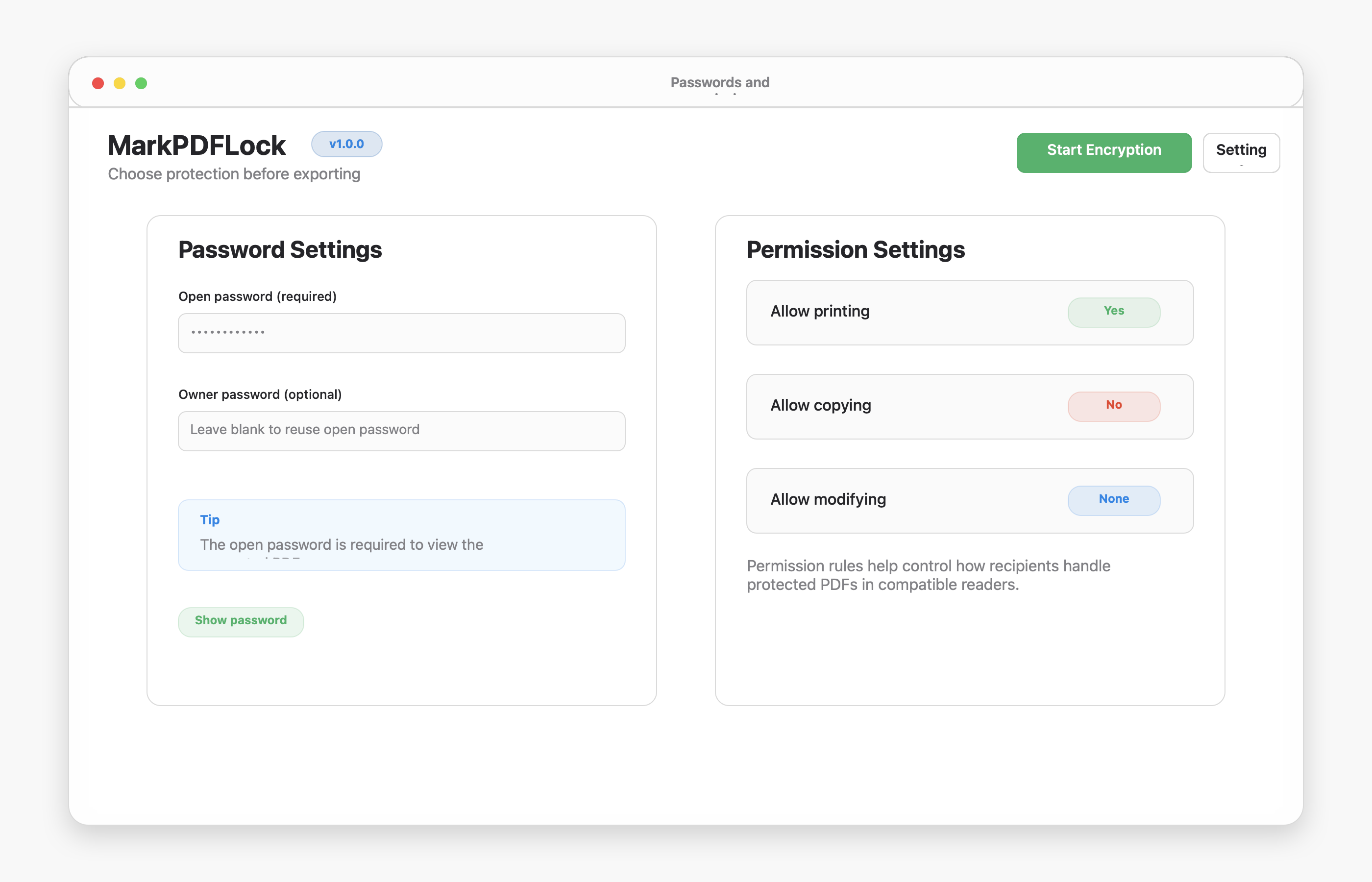 MarkPDFLock password and permission workflow with open password, owner password, printing, copying, and modifying controls.